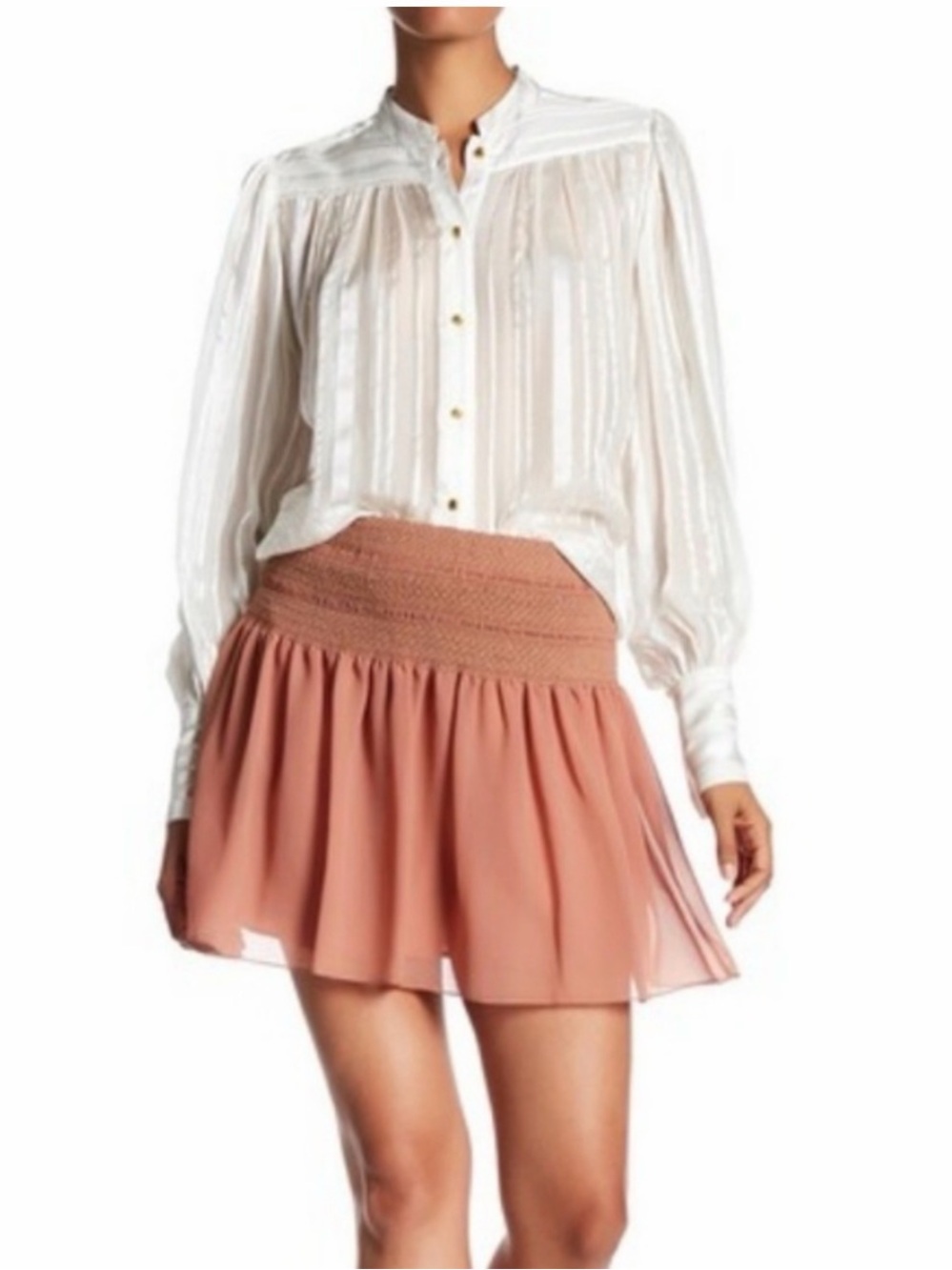 See by Chloé Smocked Chiffon Dusty Pink Boho Chic Mini Skirt Size 36 Y2K Flowy